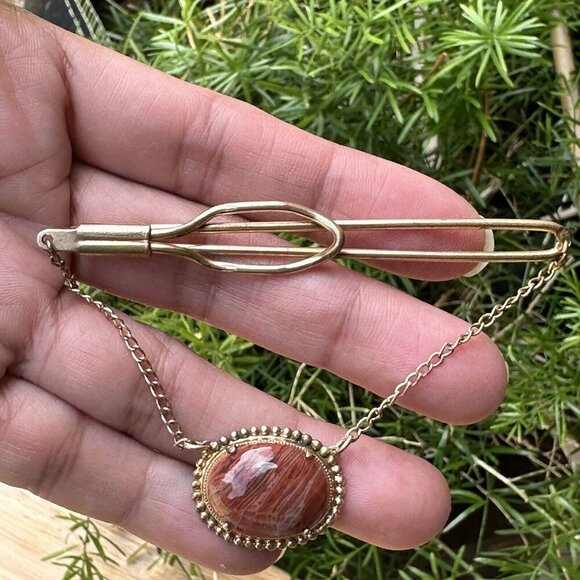 VTG Tie Bar Clip‎ Chain Agatized Arizona Petrified Wood Cabochon Gold Plated 3" - Picture 2 of 7